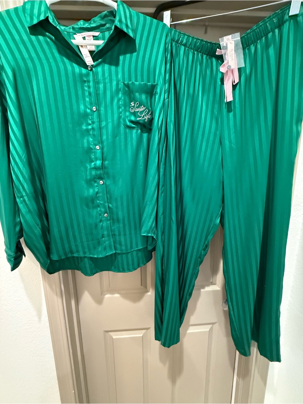 NWT Victoria's Secret Green Striped Satin Pajama Set with Pink Ribbon